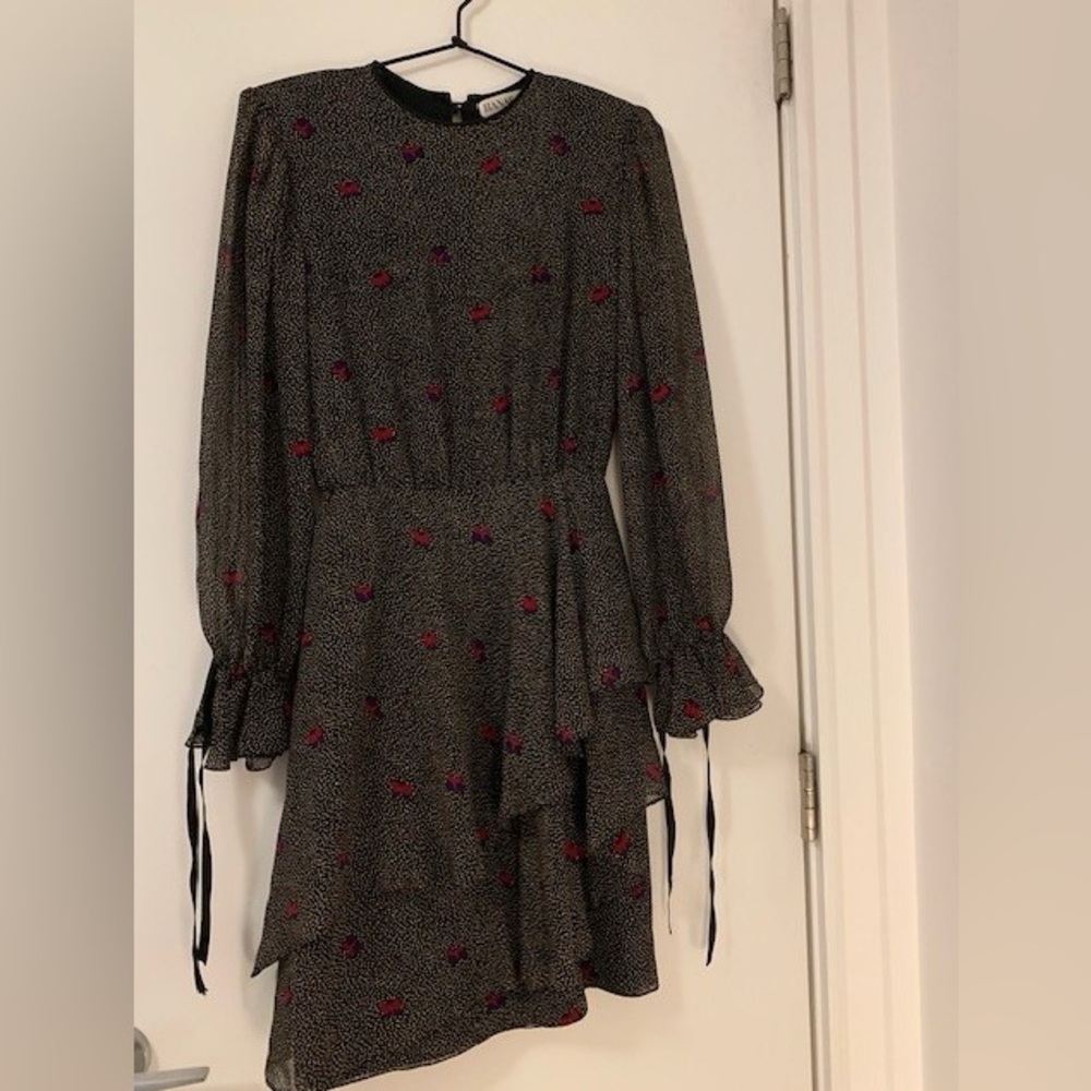Vintage 80s Hanae Mori Black and Red Butterfly Print Long Sleeve Silk Dress
